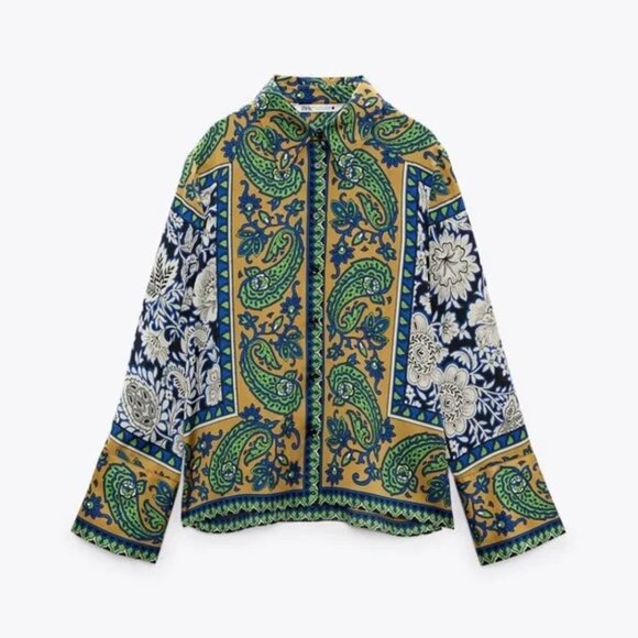 Zara Multicolor Paisley Print Green Tan Blue Flowy Blouse Women’s Size M - Picture 12 of 13